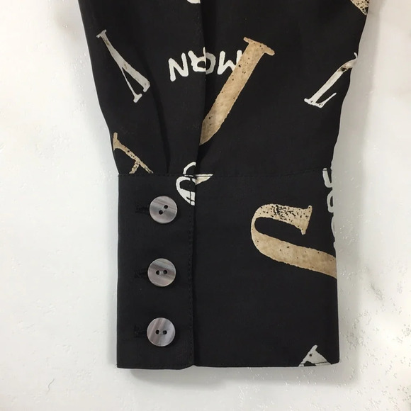 Liz Claiborne VTG 90s Black Cream Printed Button‎ Front Silk Shirt Womens Small - Picture 11 of 11
